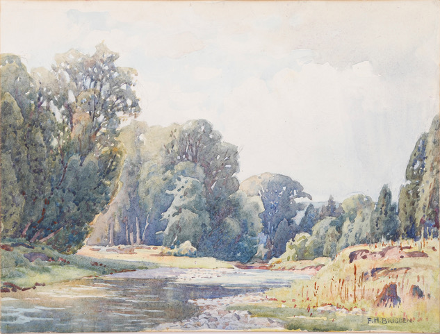 Historical watercolour by F.H. Bridgen showing trees along a winding stream titled Ontario stream