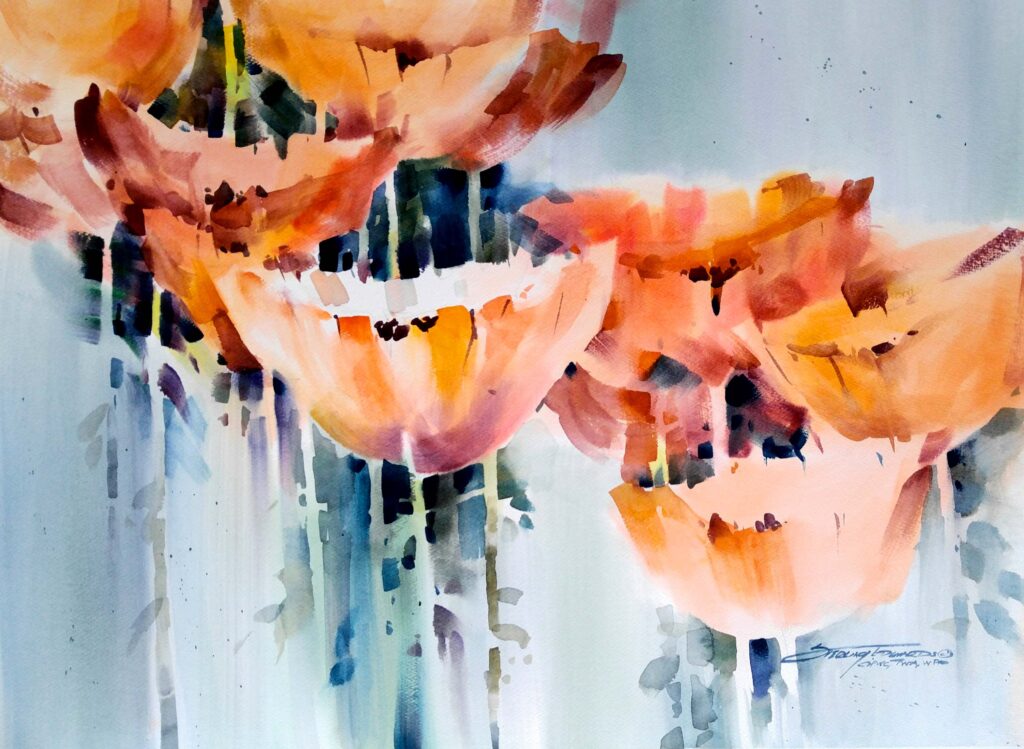 watercolour painting of orange poppy blossoms