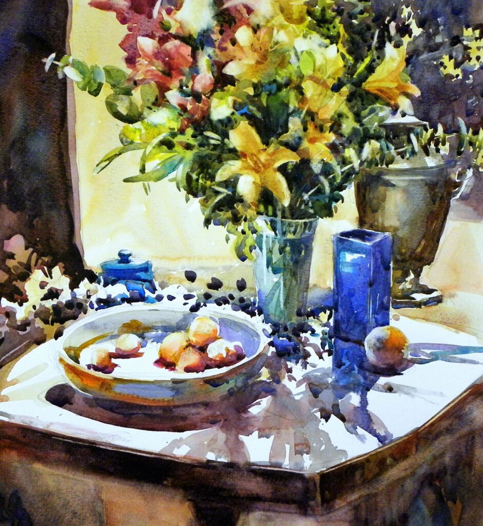 still life watercolour painting of flowers in a vase and fruit in a bowl