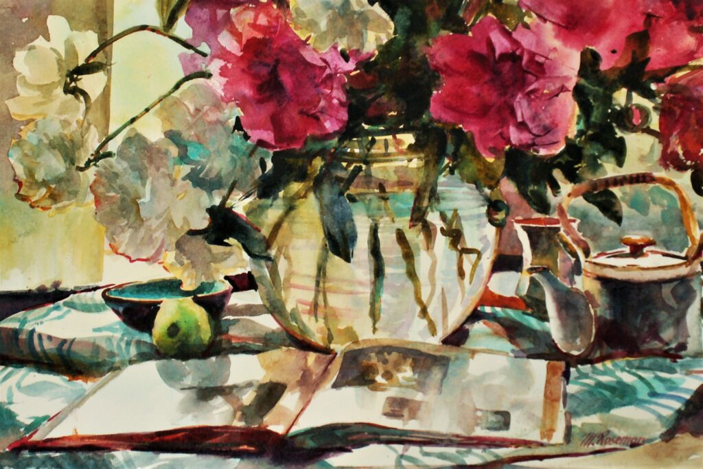 still life watercolour painting of flowers in glass vase with a book in the foreground