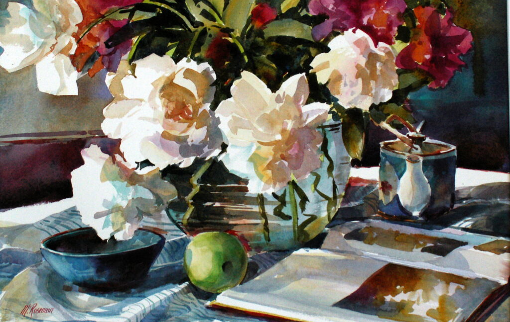 Still life watercolour painting of peony flowers in a glass vase