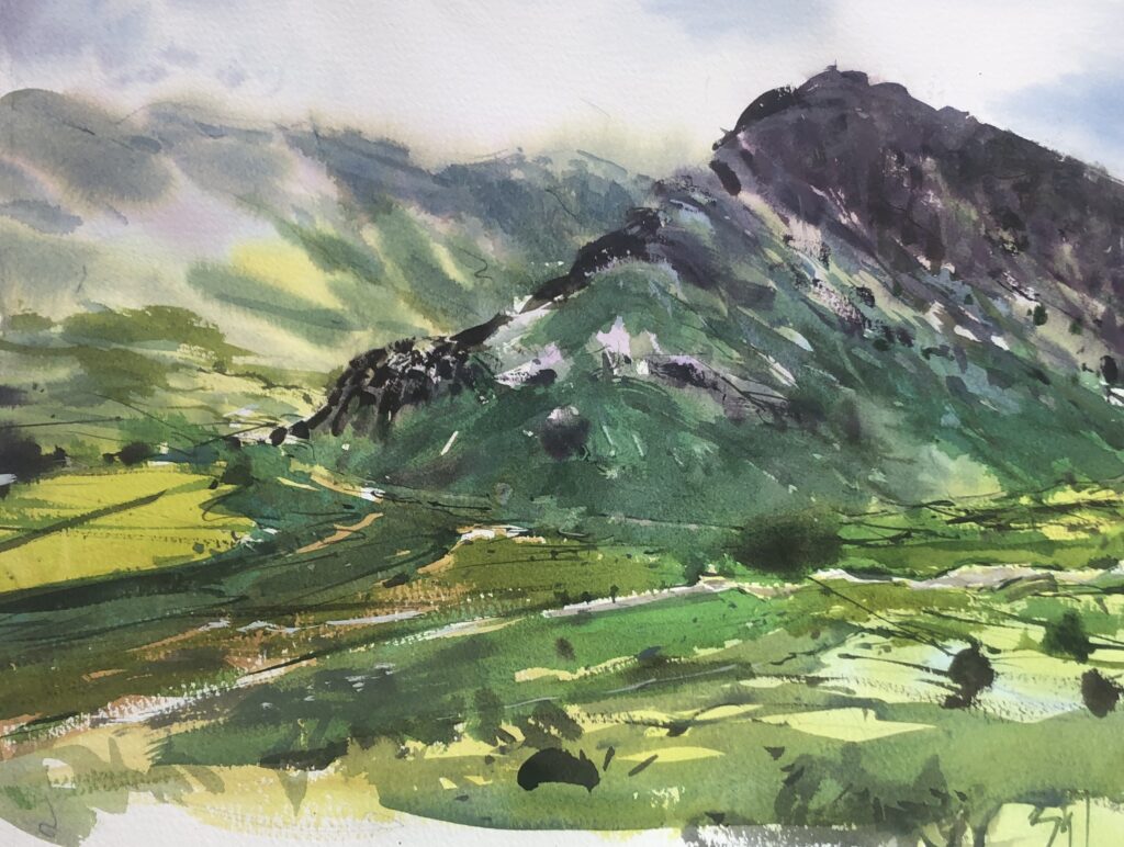 watercolour painting of green and grey hills