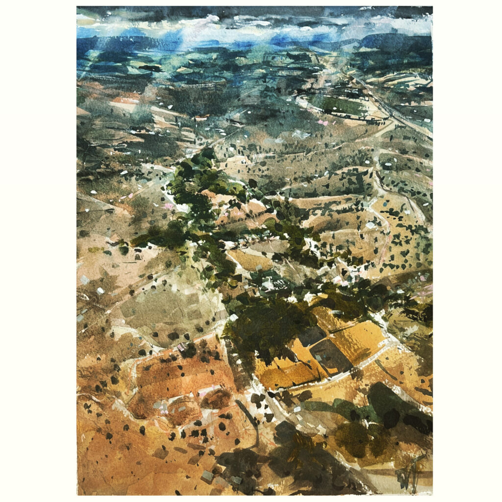 watercolour painting of desert landscape from above
