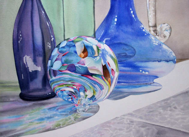 watercolour painting of glass bottles in sunshine