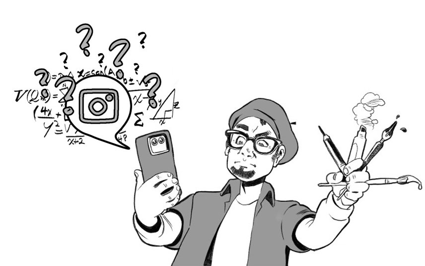 Cartoon of an artist staring at his phone bewildered by social media algorithms