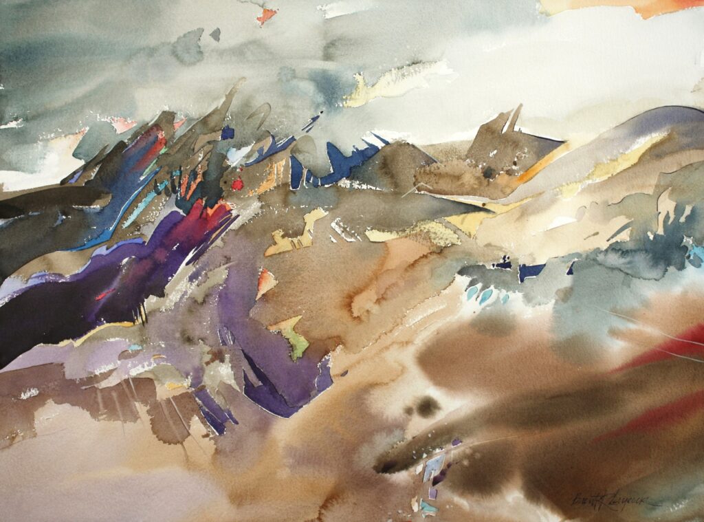 Abstract watercolour painting mostly in shades of purple and brown