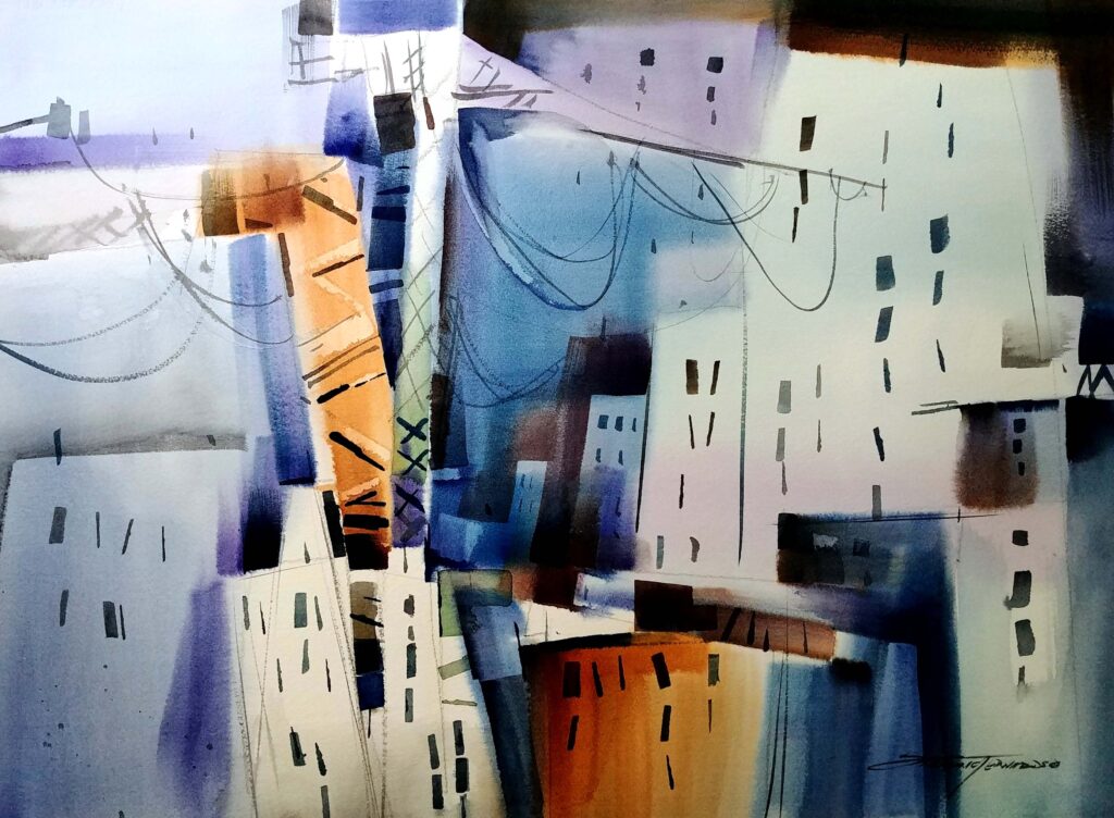 Watercolour painting of abstracted city buildings in shades of blue, orange and grey