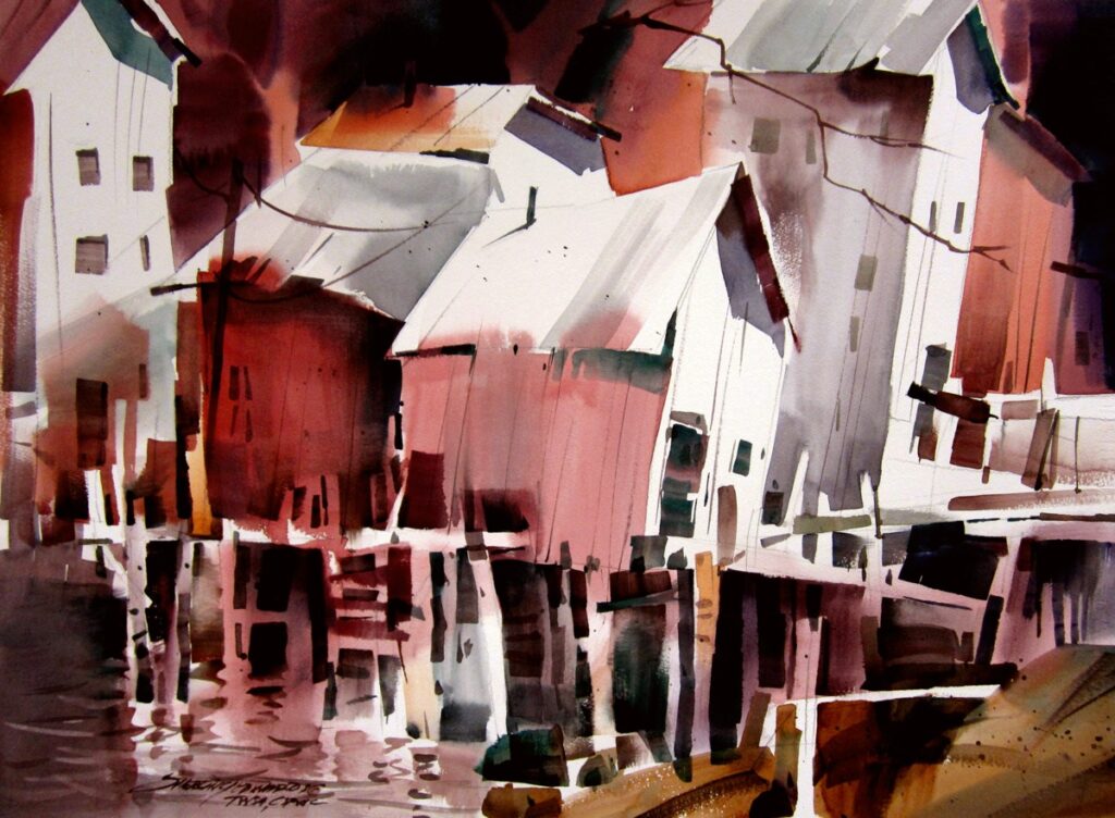Watercolour painting of abstracted buildings on stilts