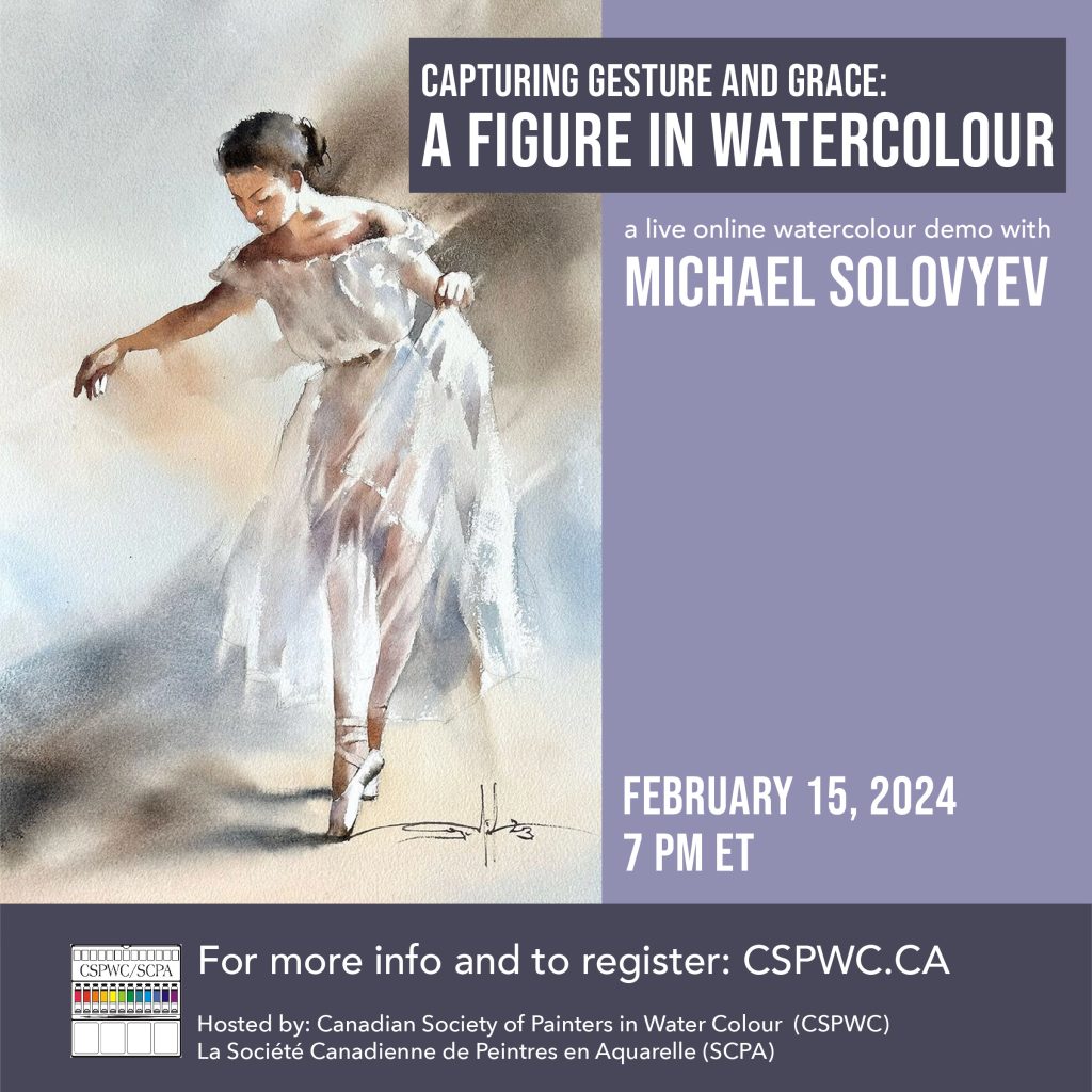 Poster for a Figure in Watercolour, an online live watercolour demonstration by Michael Solovyev