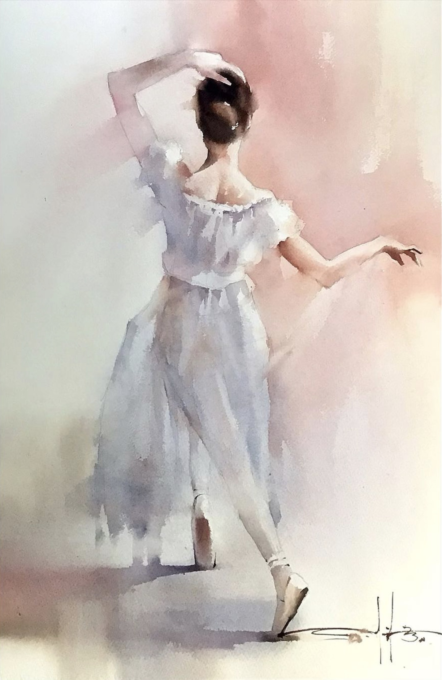 Watercolour painting of a ballerina.  She has her back to the viewer and is mid step, with her left arm gracefully arched over her head